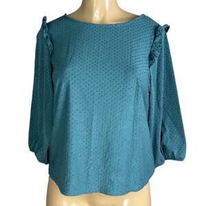 W5 Anthropologie Teal Green Swiss Polka Dot Textured Ruffle Knit Top Size Medium